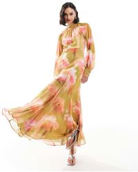 ASOS - Vestito Lungo Accollato Verde Con Stampa A Fiori E Fondo Godet - Lyst