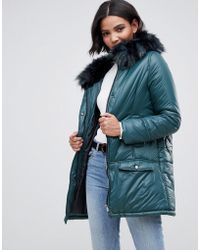 Urbancode Parka Coat With Onion Quilting And Faux Fur Hood - Green