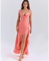 House Of Cb - Aloura Coral Georgette Ruffle Maxi Dress - Lyst