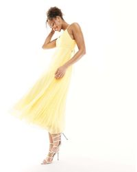ASOS - Vestito Midi Limone A Pieghe Con Spalline Sottili E Allacciatura Sulla Schiena - Lyst