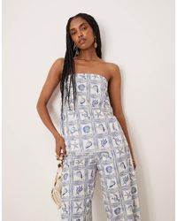 ASOS - Top Azul De Corte Suelto Con Estampado De Conchas Y Escote Palabra De Honor De (Parte De Un Conjunto) - Lyst