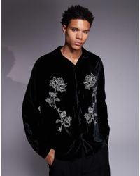 ASOS - Relaxed Velvet Shirt With Floral Embroidery - Lyst
