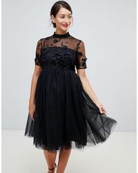 chi chi london high neck lace midi dress with tulle skirt in black