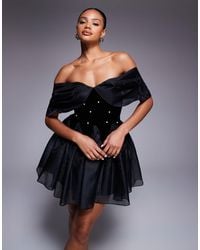 ASOS - Off The Shoulder Pearl Embellished Velvet Mini Dress With Organza - Lyst