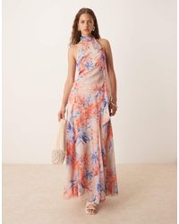 ASOS - Maxi Jurk Van Chiffon Met Halternek, Verlaagde Taille En Bloemenprint - Lyst