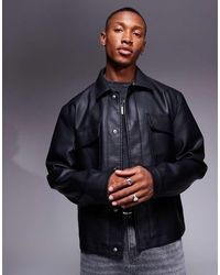 ASOS - Faux Leather Oversized Crop Harrington Jacket With Pockets - Lyst