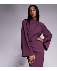 ASOS - Vestido Largo Color Ciruela De Manga Larga Y Corte Al Bies Con Detalle Recogido En La Cintura De Asos Design Tall-Rojo - Lyst