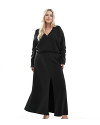 ASOS - Asos Design Curve V Neck Long Sleeve Blouson Midi Dress With Front Split - Lyst