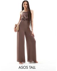 ASOS - Asos design tall - tuta jumpsuit accollata color cioccolato incrociata sul davanti - Lyst