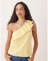 Vila - One Shoulder Frill Detail Cotton Top - Lyst