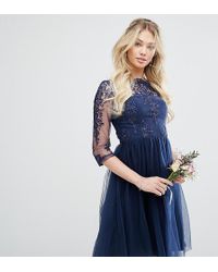 Chi Chi London Bardot Neck Midi Dress With Premium Lace And Tulle Skirt - Blue