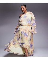 ASOS - Vestido Largo De Chifón Con Estampado Floral, Mangas Extragrandes Y Diseño Adornado De Perlas De Curve - Lyst