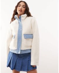 Noisy May - Sherpa Bomber Jacket With Denim Insert - Lyst