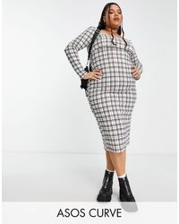 ASOS - Asos design curve - robe moulante mi-longue en tissu texturé à carreaux et manches longues - noir et blanc - Lyst