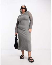 ASOS - Asos design curve - robe mi-longue côtelée à manches longues et empiècement en maille au crochet - gris - Lyst