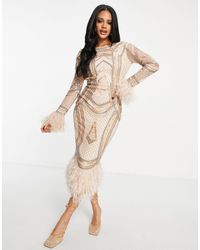 ASOS Long Sleeve Embellished Midi Dress With Faux Feather Trims - Natural
