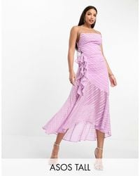 ASOS - Asos Design Tall Cowl Neck Frill Detail Hi Low Hem Midi Slip Dress With Tie Side - Lyst