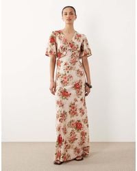 Wednesday's Girl - Floral Print V Neck Flutter Sleeve Maxi Dress - Lyst