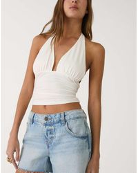 Stradivarius - Top Allacciato Al Collo Écru Raccolto - Lyst