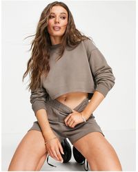 Pull&Bear Crop Sweat And Short Set - Brown
