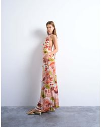 TOPSHOP - Vestito Midi Allacciato Al Collo Con Stampa Astratta Floreale Vivace E Collo Alto - Lyst