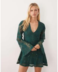 ASOS - Embellished Crochet Plunge Mini Dress With Long Sleeves - Lyst