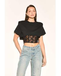 Noughts & Kisses - Cotton Rich Padded Shoulder Lace Corset Waist Detail Top - Lyst