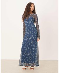 Never Fully Dressed - Maxi-Jurk Van Mesh Met Lange Mouwen En Denim Motief - Lyst