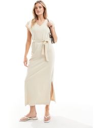 SELECTED - Robe longue en jersey à col en v - beige - Lyst