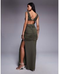ASOS - Plunge With Ruching And Open Back With Gold Butterfly Trim Mesh Maxi Dress - Lyst