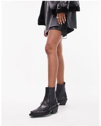 TOPSHOP Miffy Leather Western Ankle Boot - Black