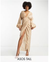 ASOS - Asos design tall - vestito con gonna al polpaccio e scollo profondo color pietra slavato con drappeggio - Lyst