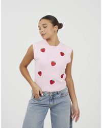 Brave Soul - Crew Neck Knitted Tank With Strawberry Embroidery - Lyst