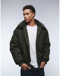ASOS - Chaqueta Bomber Verde Oscuro De Tejido Efecto Lana Con Cuello De Piel Sintética De - Lyst