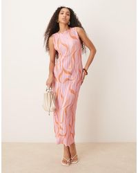 ASOS - Plissé Mouwloze Midi-Jurk Met Roze Swirlprint - Lyst