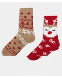 Pieces - Pack De 2 Pares De Calcetines Beis Con Estampado De Reno De Tejido Mullido De -Neutro - Lyst