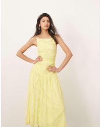 ARRANGE - Lace Ruched Dropped Waist Midi Dress - Lyst