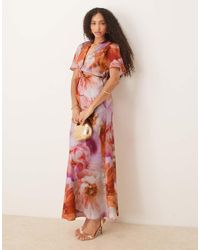 ASOS - Vestido Midi Rosa Y Naranja Con Estampado Floral, Abertura Y Detalle De Lazada De Satén De - Lyst