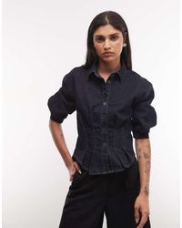 AllSaints - Nancy Pleated Denim Shirt With Balloon Sleeve And Cinch Detail - Lyst