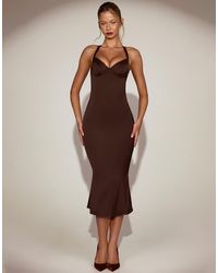 Oh Polly - Elyra Satin Lace Trim Halter Neck Fishtail Midaxi Dress - Lyst
