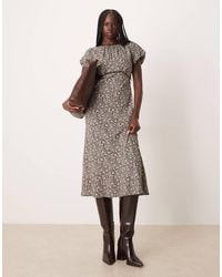 Nobody's Child - Sicily Gathered Ruched Neck Puff Sleeve Midi Tea Dress - Lyst