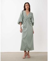 Y.A.S - Knot Front Volume Sleeve Satin Midi Dress - Lyst