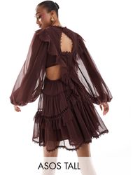 ASOS - Asos Design Tall Lace Insert High Neck Mini Dress With Frills - Lyst