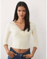 Miss Selfridge - Wrap Pointelle Long Sleeve Top - Lyst