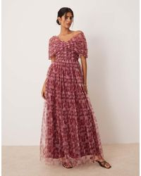 LACE & BEADS - Vestito Lungo Color Cipria A Fiori Con Fiocco E Spalle Scoperte - Lyst