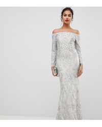 Bariano Embellished Patterned Sequin Off Shoulder Maxi Dress In Silver - Metallic