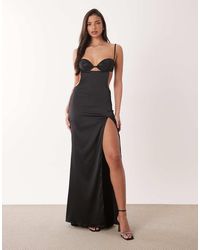 Oh Polly - Premium Satin Thigh Slit Maxi Dress With Embellished Bralette Detailing - Lyst