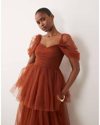 LACE & BEADS - Tulle Sweetheart Neck Puff Sleeve Tiered Ruffle Maxi Dress - Lyst