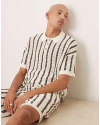 ASOS - Relaxed Crochet Knit Button Up Polo Shirt With Stripe Pattern - Lyst