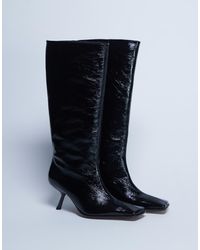 TOPSHOP - Botas Por La Rodilla Negras Con Puntera Cuadrada De Cuero Premium Scarlett De - Lyst